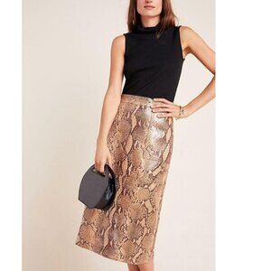 Anthropologie Pencil Skirt Brown Faux Leather Snake Print Knee Length Vegan
